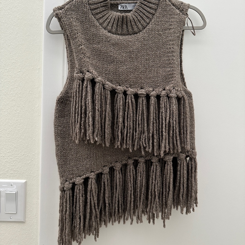 Zara Taupe Fringe Sleeveless Sweater
